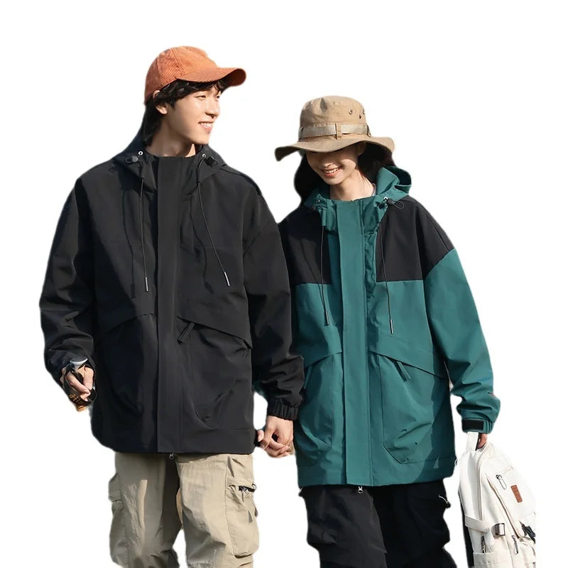 Couple Outdoor Hiking Jacket With Windproof Waterproof Cap Spring Rain Suit With Hooded Jacket Made Polyester Motorcycle Use