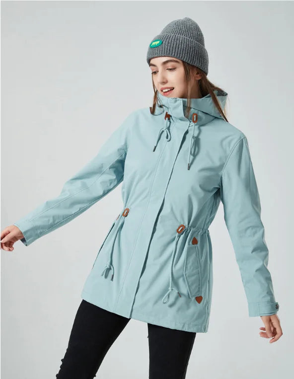 Women's Stylish Double-Layer Fleece Soft Shell Rain Jacket Waterproof Windproof Outdoor Rainproof Rain Gear for Bikers Hiking