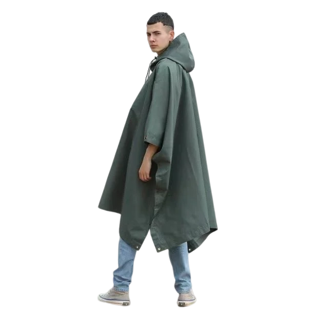Green Waterproof Raincoat Poncho Adults Customized Letters Printing PVC Material One Size Hooded Style Outdoor Hiking Rainy Days