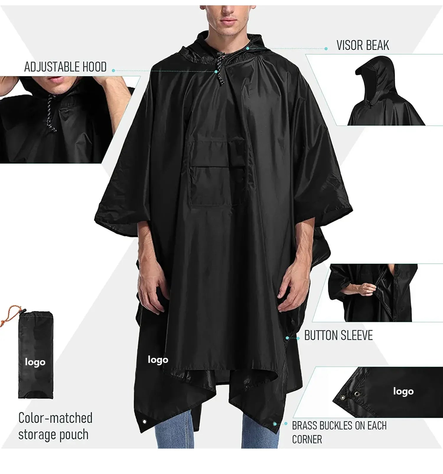 Waterproof Rain Poncho Women Men Lightweight Breathable Rain Cape 3 in 1 Multifunctional Raincoat Rain Cover