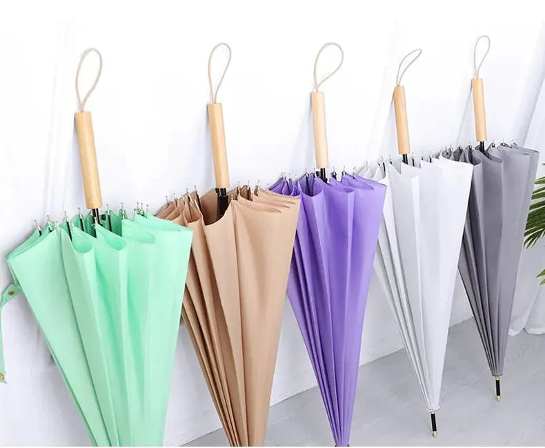 Japan Designed 23inch 16K Straight Umbrella Wood Handle Customizable Logo 190T Pongee 8K Ribs Outdoor Rain Mini Rain Advertising