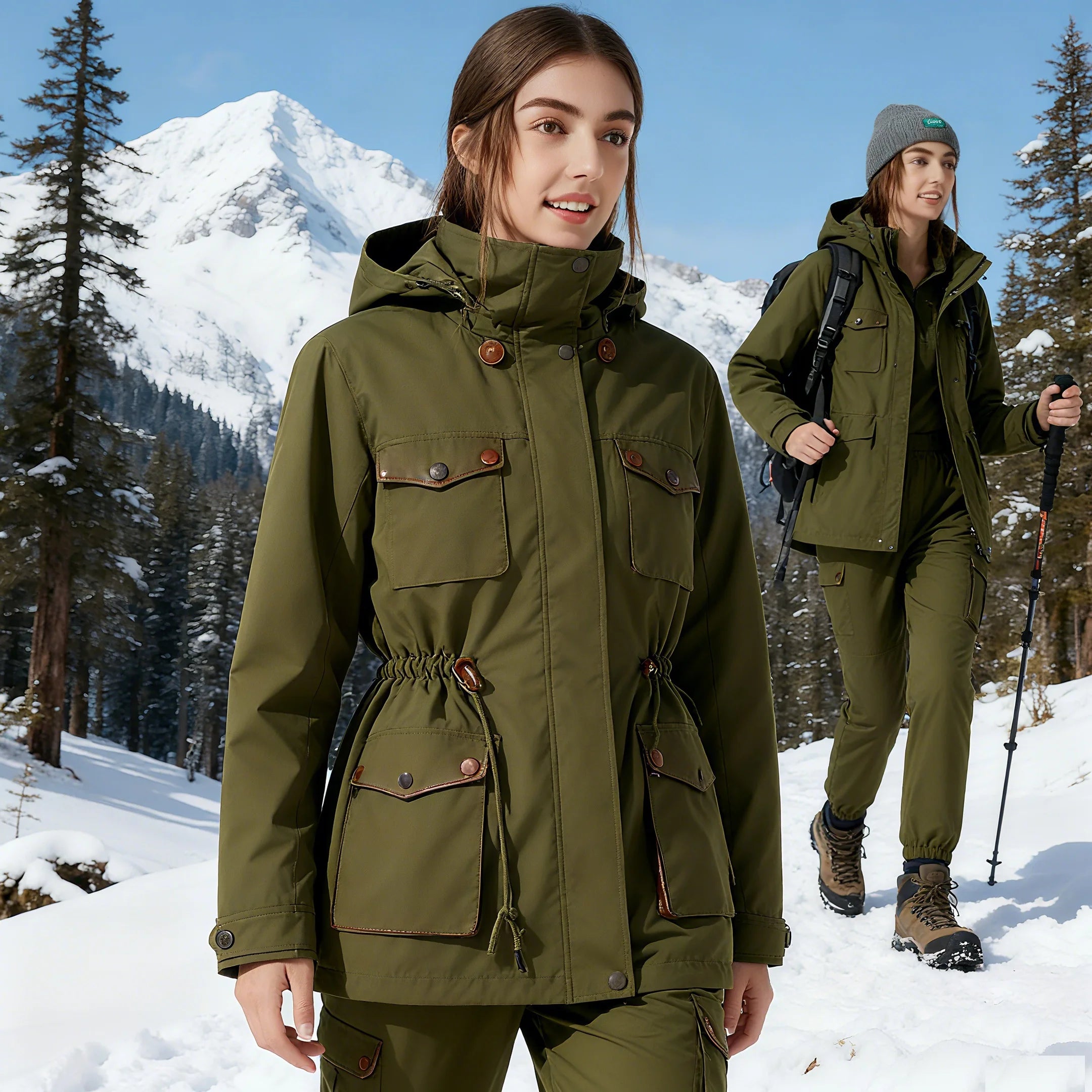 Women's Mid-Length Stylish Rain Jacket Waterproof Windproof Fall Winter Outdoor Double Layer Raincoat with Fleece Warm Inner