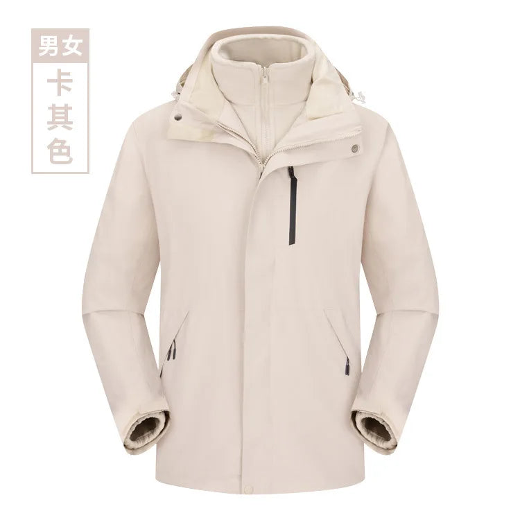 Men's Women's Waterproof Outdoor Winter Jacket Stand Detachable Three-in-One Windproof Cold-Proof Features Solid Zipper for