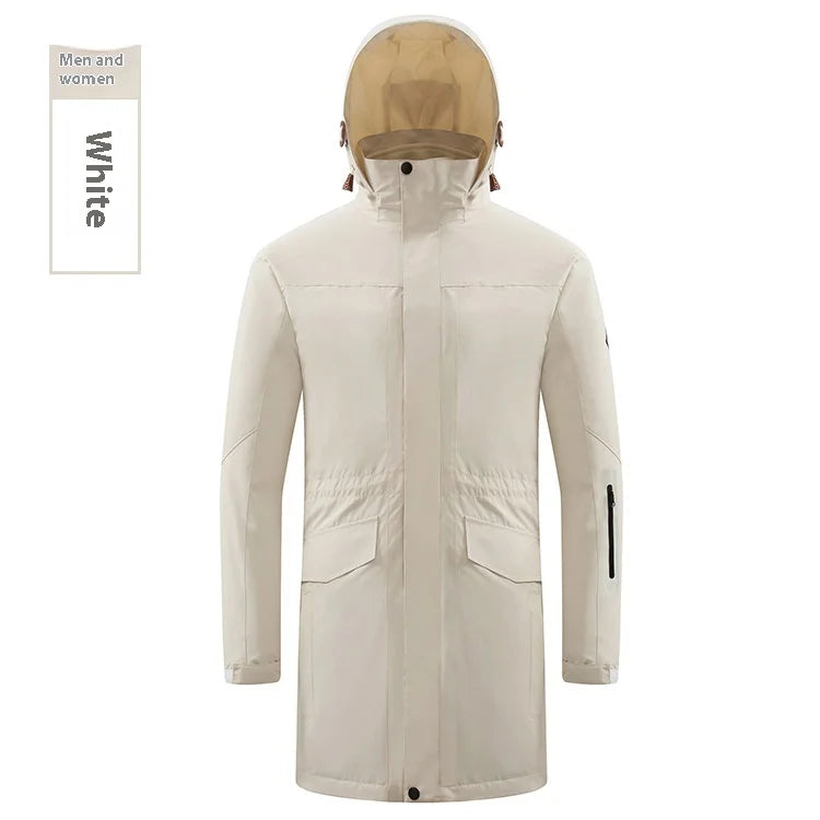 Men's Women's Long Three-in-One Detachable Winter Coat Stand Zipper Waterproof Breathable Logo Embroidery Outdoor Assault