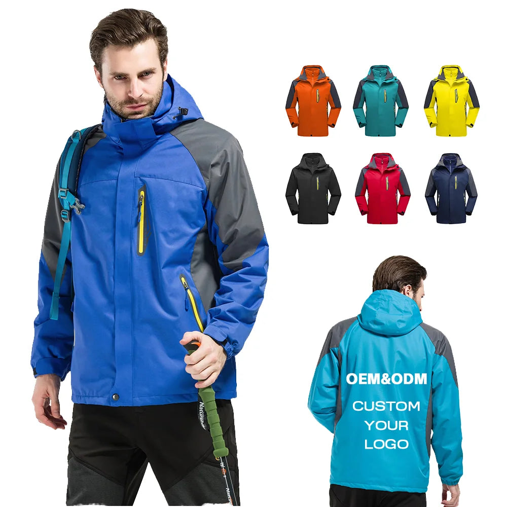 Men's Soft Shell Waterproof Tactical Jacket for Outdoor Blue Hooded Windbreaker Stand Collar Zipper for Winter Hiking Camping