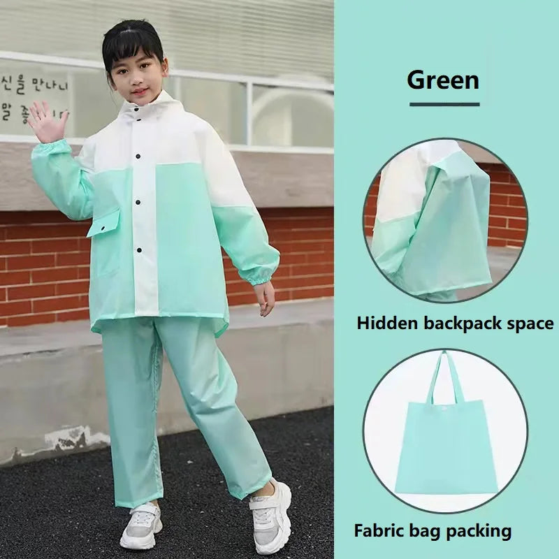 Children's Waterproof Rain Suit Set With Reflective Pants and Hidden Backpack Space Raincoat Custom Logo Decoration for Girls