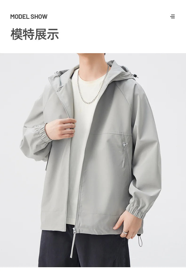 Men's Lightweight Stand Rain Jacket for Autumn Spring Windproof 3D Embroidery Logo Zipper Prints Outdoor Sports Cycling Running