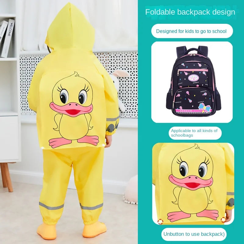 Children's Full Body Waterproof Protective Raincoat and Pants with Cartoon Yellow Duck Belt Backpack for Boys and Girls