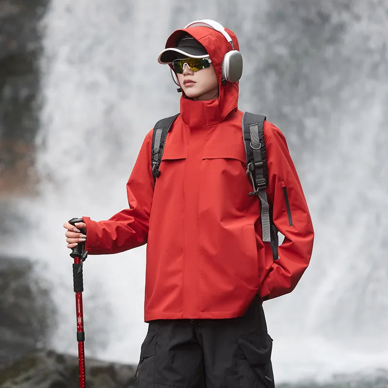 New Men's Women's Top Stand Outdoor Hard Shell Anti-Rainstorm Anti-Splashing Mountaineering Suit for Autumn Solid Zipper