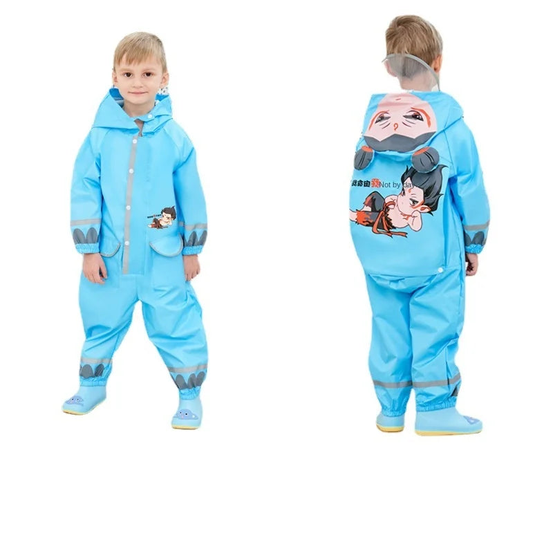 Children's Full Body Waterproof Protective Raincoat and Pants with Cartoon Yellow Duck Belt Backpack for Boys and Girls