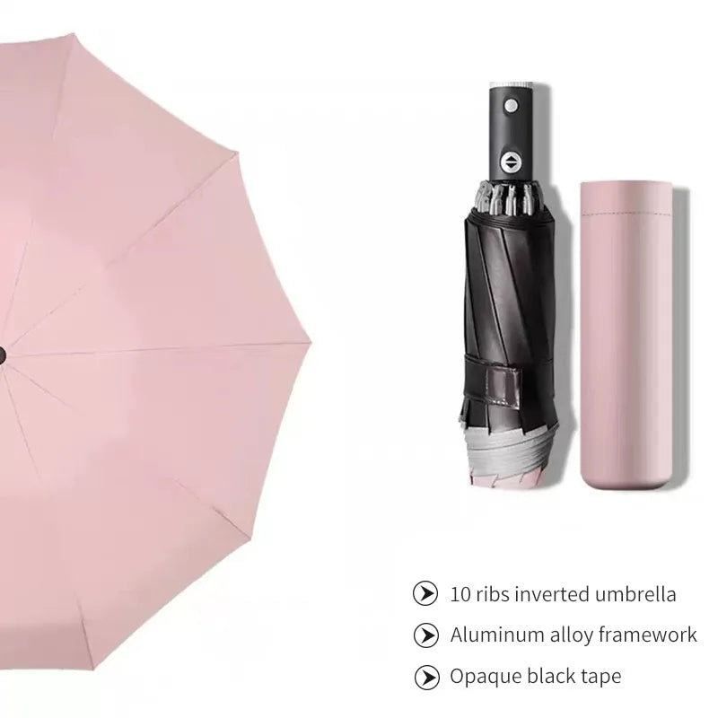 High Quality Men's Automatic Reverse LED Luminous 3-Fold Business Umbrella Waterproof Fabric With Plastic Handle for Rain Cars