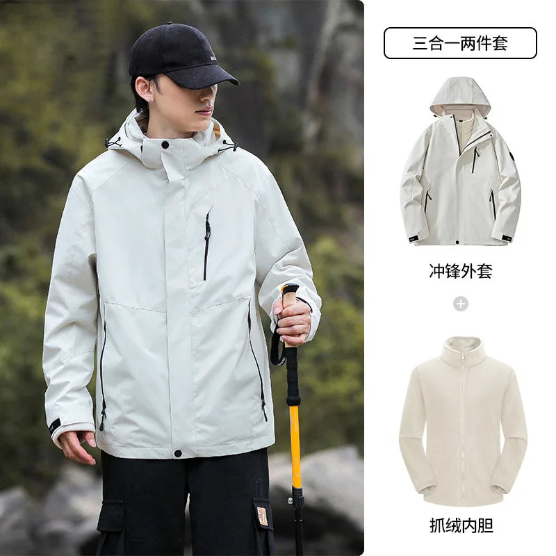 2025 Outdoor Three-in-One Coat for Men Women Hard Shell Soft Polyester Fill Stand Collar Zipper Closure XL-for Autumn Fitness