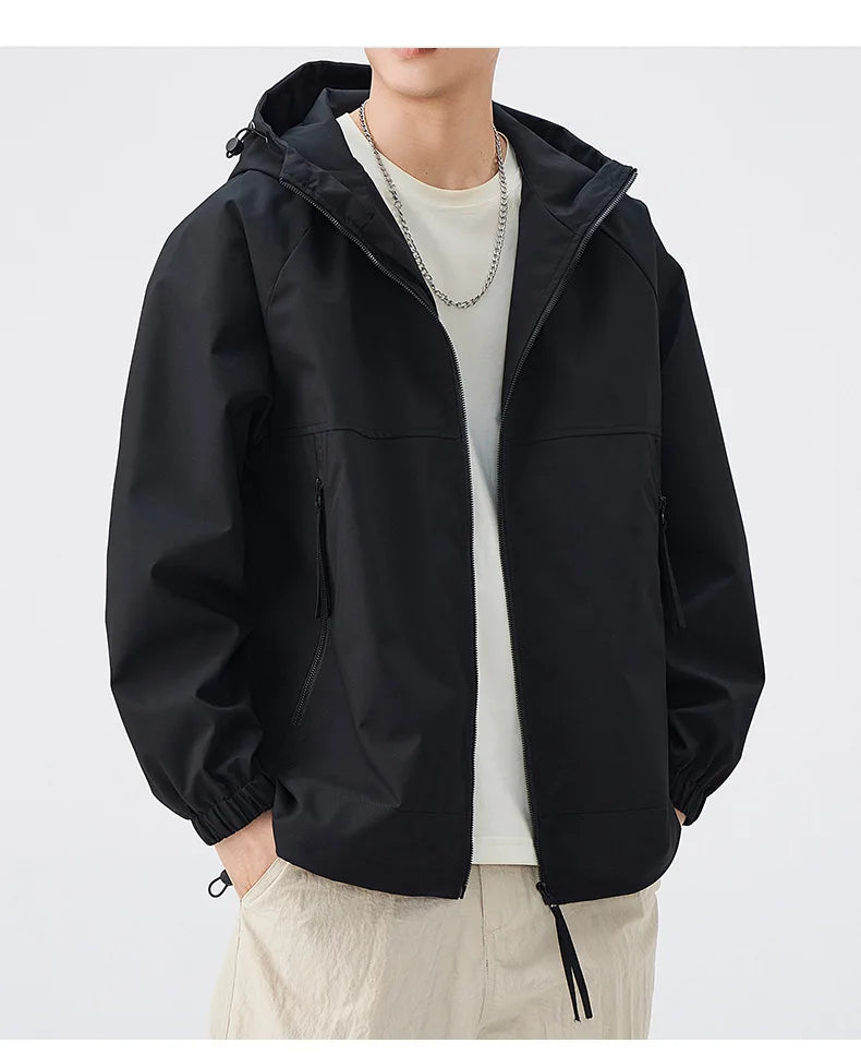 Men's Lightweight Coated Rain Jacket for Autumn Spring Windproof 3D Embroidery Logo Zipper Prints Breathable for Outdoor