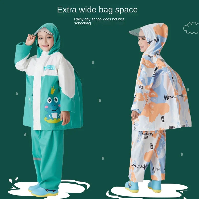 Children's Waterproof Rain Poncho Full Body Polyester Cartoon Style Raincoat Set for Boys Girls Primary School Student Rain Gear