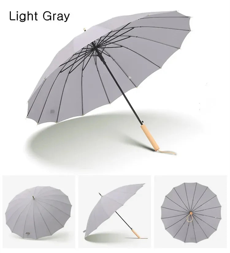 Japan Designed 23inch 16K Straight Umbrella Wood Handle Customizable Logo 190T Pongee 8K Ribs Outdoor Rain Mini Rain Advertising