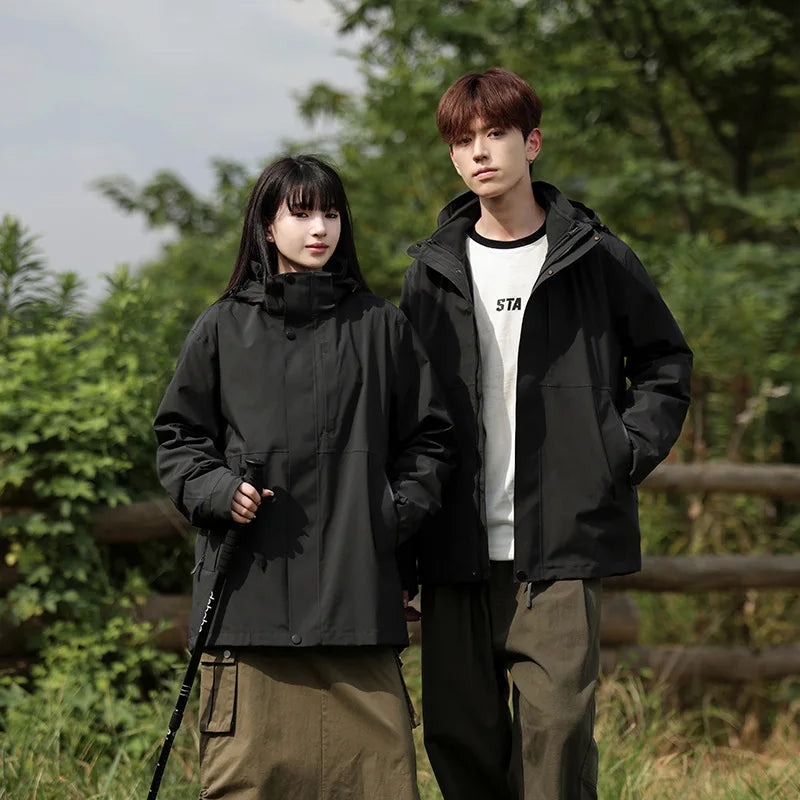 2025 New Outdoor  Two-Piece Three-in-One Mountaineering Suit Stand Windproof Waterproof Breathable Winter Zipper for Men