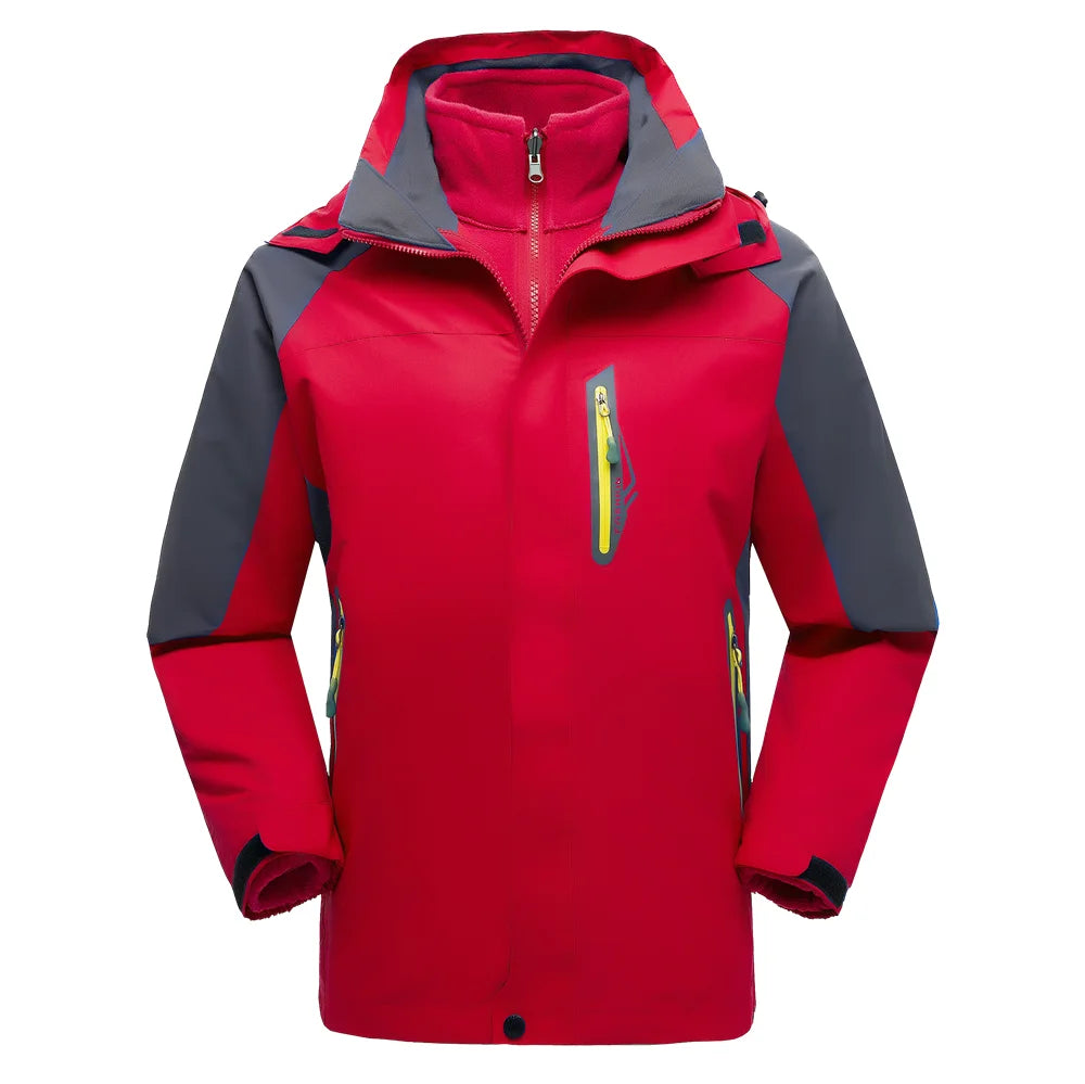 Men's Soft Shell Waterproof Tactical Jacket for Outdoor Blue Hooded Windbreaker Stand Collar Zipper for Winter Hiking Camping