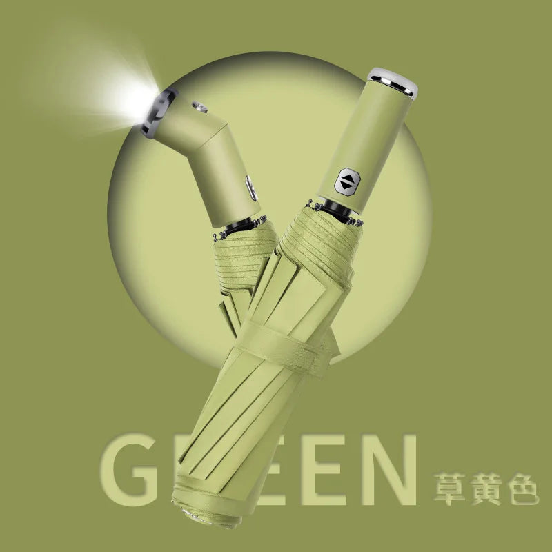 Classic Three-folding LED Umbrella Handle Flashlight Coating Fully-automatic Plastic With Automatic Open Close Anti-uv Black 500