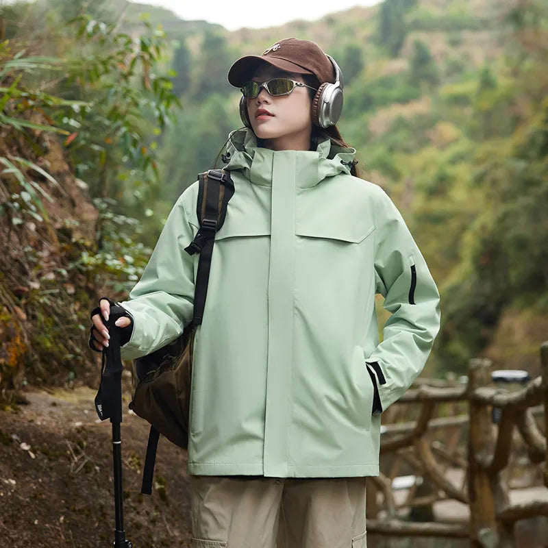 New Men's Women's Top Stand Outdoor Hard Shell Anti-Rainstorm Anti-Splashing Mountaineering Suit for Autumn Solid Zipper