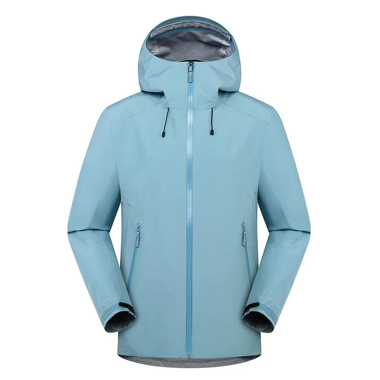 Unisex Outdoor Single Layer Light Color Rain Jacket Waterproof Hard Shell Windbreaker Jacket Zipper Hooded Raincoat for Hiking