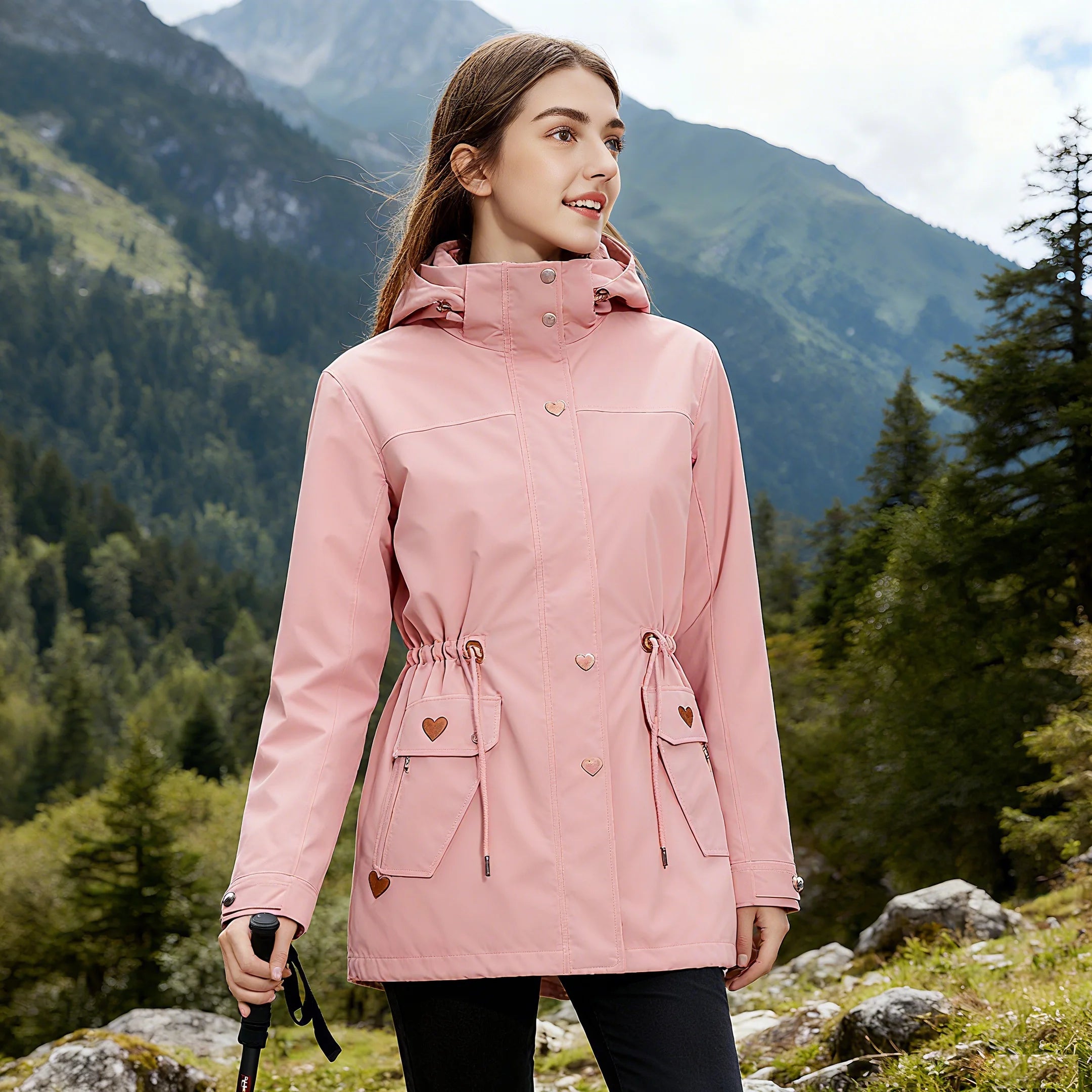 Women's Stylish Waterproof Windproof Rain Jacket Fall Winter Double Layer Fleece Warm Inner Raincoat Outdoor Rainproof Clothing