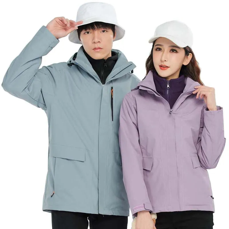 High-End Three-in-One Detachable Waterproof Fleece-Lined Mountaineering Suit Autumn Winter Zipper Closure Hiking Jacket for Men