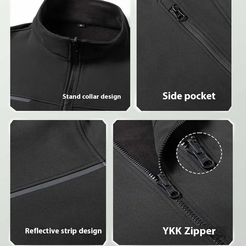 Autumn Winter Men's High-Grade Fleece-Lined Workwear Jacket Custom Logo Stand Vertical Collar Waterproof Reflective Strip Zipper
