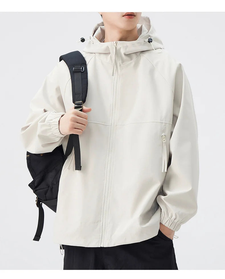 Lightweight Men's Rain Jacket for Autumn Spring Windproof 3D Embroidery Logo Zipper Prints Stand Breathable Coated for Outdoor