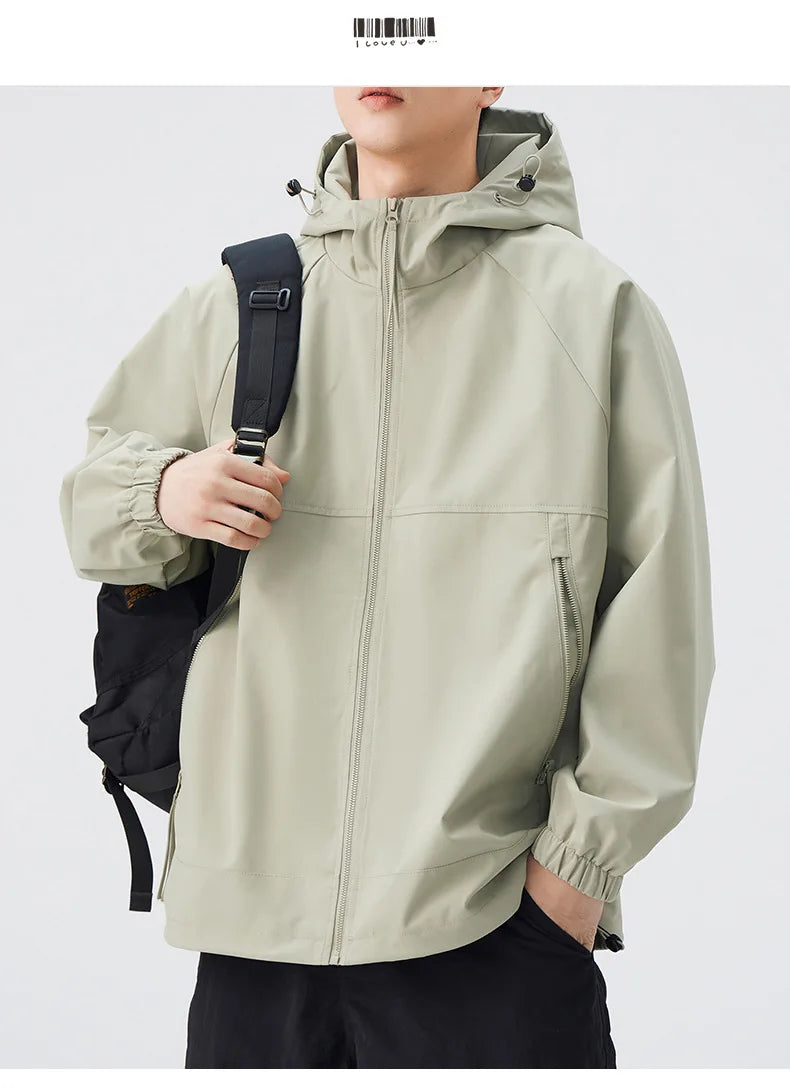 Lightweight Men's Rain Jacket for Autumn Spring Windproof 3D Embroidery Logo Zipper Prints Stand Breathable for Outdoor Use