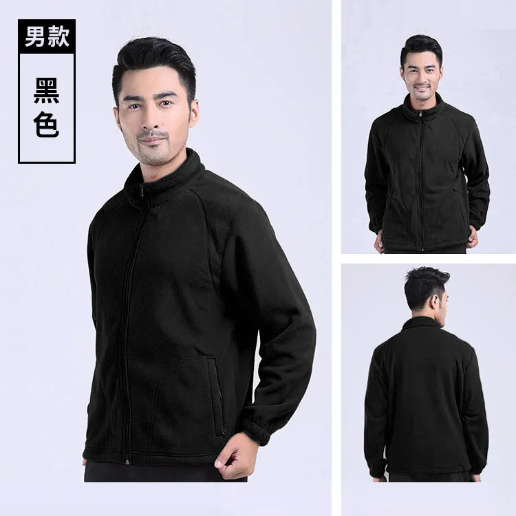 New Outdoor Hooded Fleece Jacket Unisex Zipper Closure Waterproof Thick Lining Winter Double-Sided Padded Stand Rabbit Fur Trim