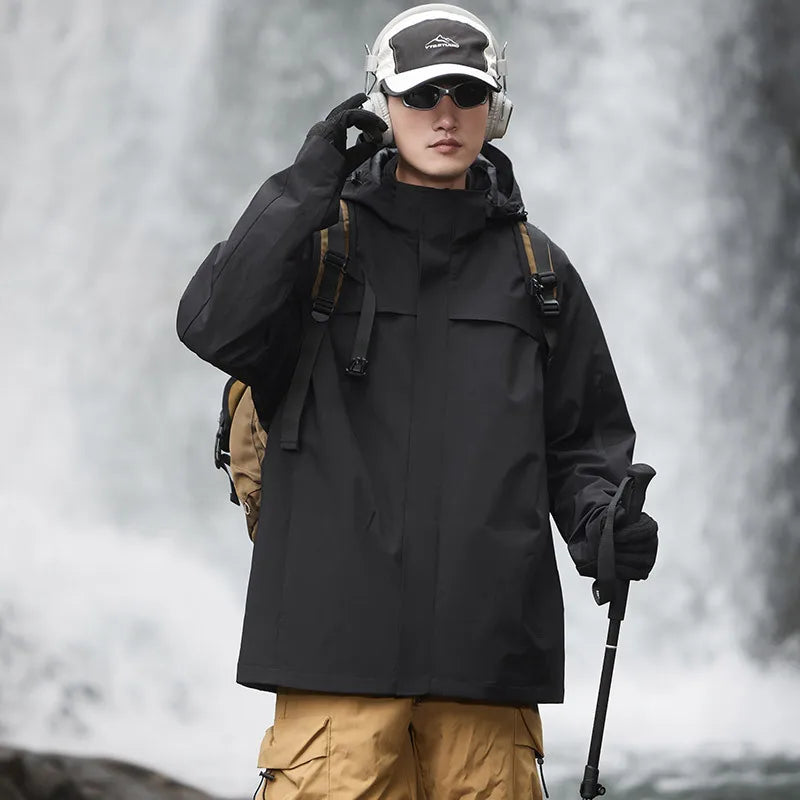 New Men's Women's Top Stand Outdoor Hard Shell Anti-Rainstorm Anti-Splashing Mountaineering Suit for Autumn Solid Zipper