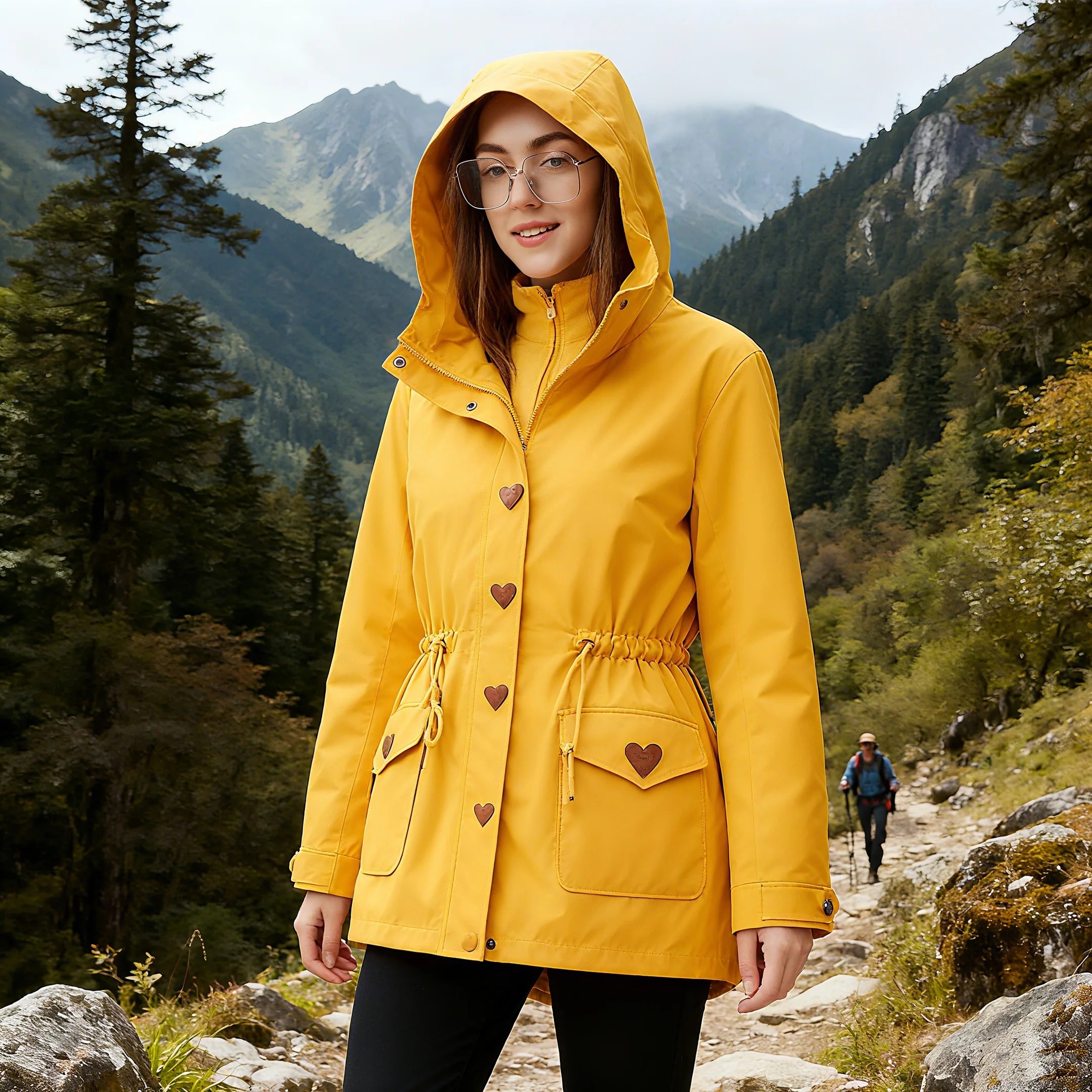 Women's Stylish Waterproof Windproof Double-Layer Fleece Rain Jacket Fall Winter Stand Collar Coated Outdoor Rainproof Clothing
