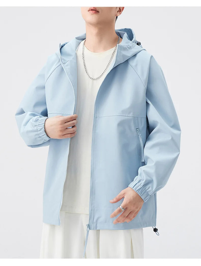 Men's Lightweight Coated Rain Jacket for Autumn Spring Windproof 3D Embroidery Logo Zipper Prints Breathable for Outdoor Sports