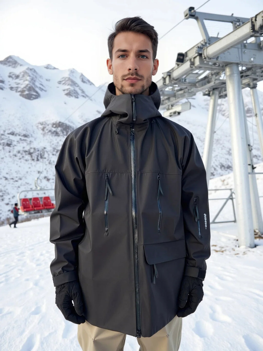 Windproof Waterproof Breathable Ski Suit with Hood Stand Zipper Windproof Jacket for Mountain Climbing Outdoor Gear