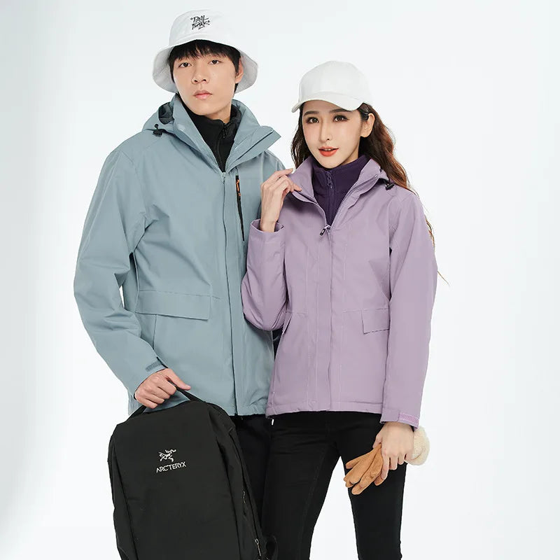 High-End Three-in-One Detachable Waterproof Fleece-Lined Mountaineering Suit Autumn Winter Zipper Closure Hiking Jacket for Men