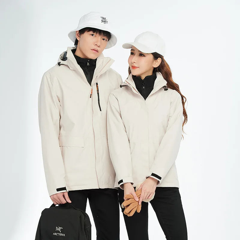 High-End Three-in-One Detachable Waterproof Fleece-Lined Mountaineering Suit Autumn Winter Zipper Closure Hiking Jacket for Men