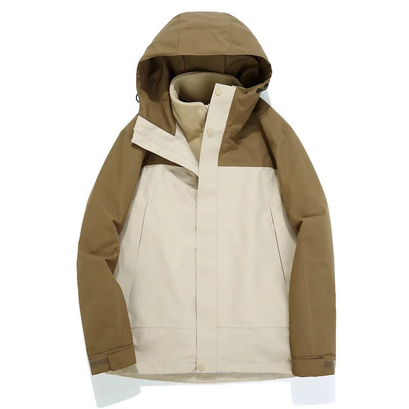 Autumn Winter Solid Stand Collar Unisex Three-in-One Two-Piece Detachable Windproof Waterproof Cold-Proof Ski Jacket