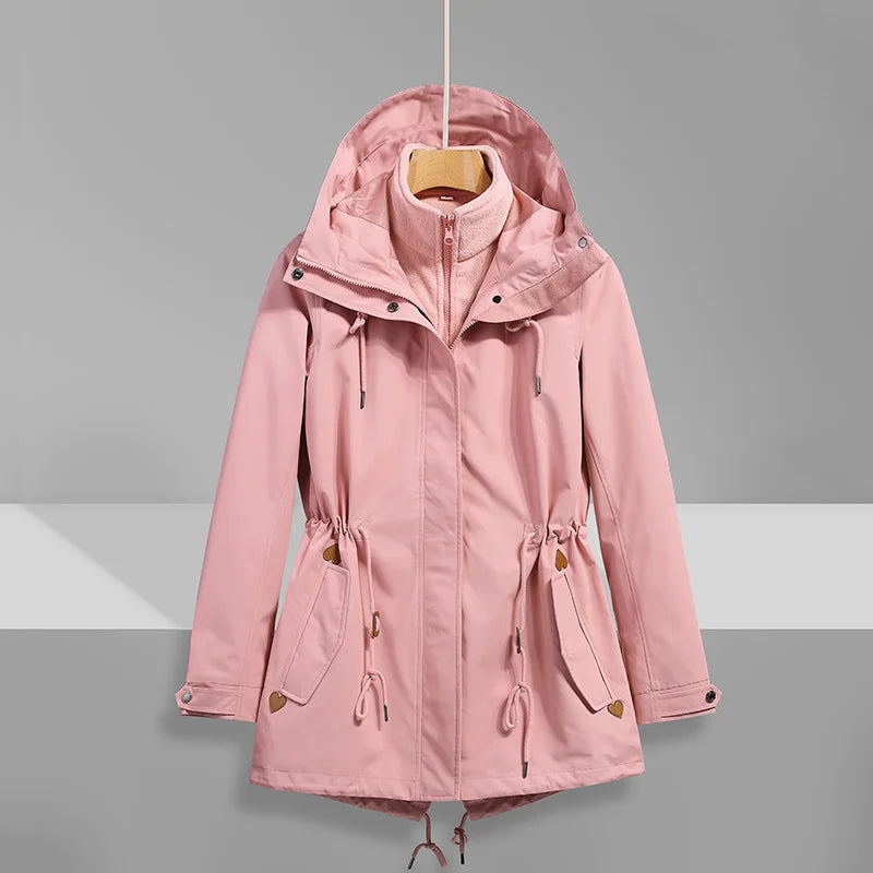 Women's Waterproof Windbreaker Jacket Mid-Length Stand Collar Rain Jacket Removable Inner Raincoat for Outdoor Fall Winter Wear