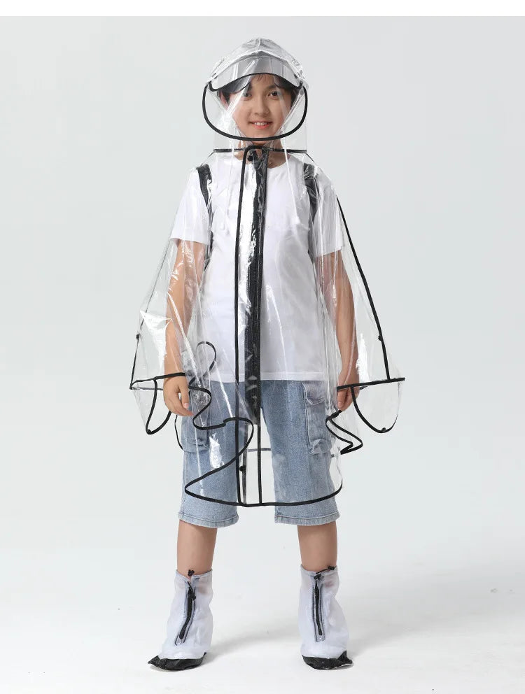 High Quality EVA Transparent Kids Raincoat Waterproof School Baby Cape With Zipper Back to School Travel Gear-Size XL
