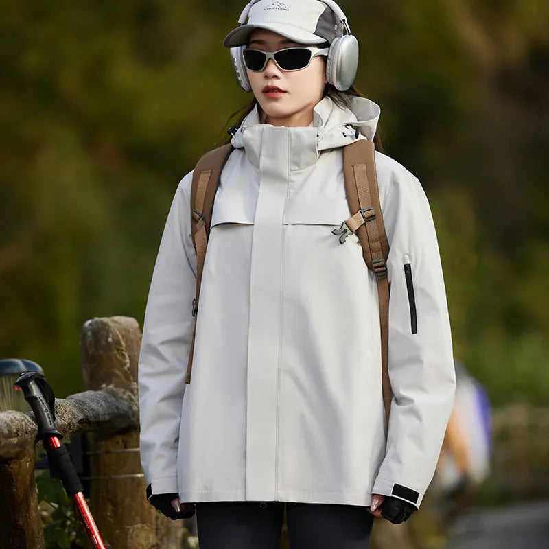 New Men's Women's Top Stand Outdoor Hard Shell Anti-Rainstorm Anti-Splashing Mountaineering Suit for Autumn Solid Zipper