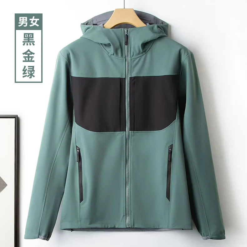 Soft Shell Waterproof Windproof Fleece-Lined Winter Coat for Men Women Stand Collar Zipper for Hiking Spring Autumn