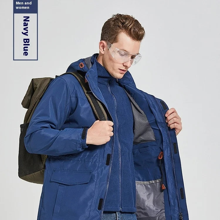 Men's Women's Long Three-in-One Detachable Winter Coat Stand Zipper Waterproof Breathable Logo Embroidery Outdoor Assault