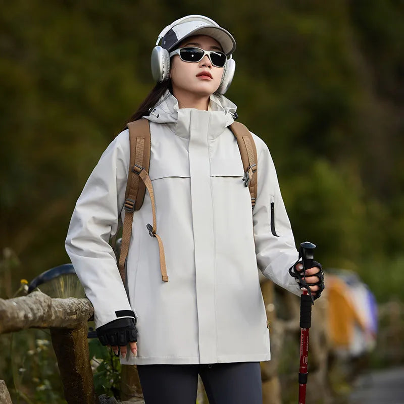 New Men's Women's Top Stand Outdoor Hard Shell Anti-Rainstorm Anti-Splashing Mountaineering Suit for Autumn Solid Zipper