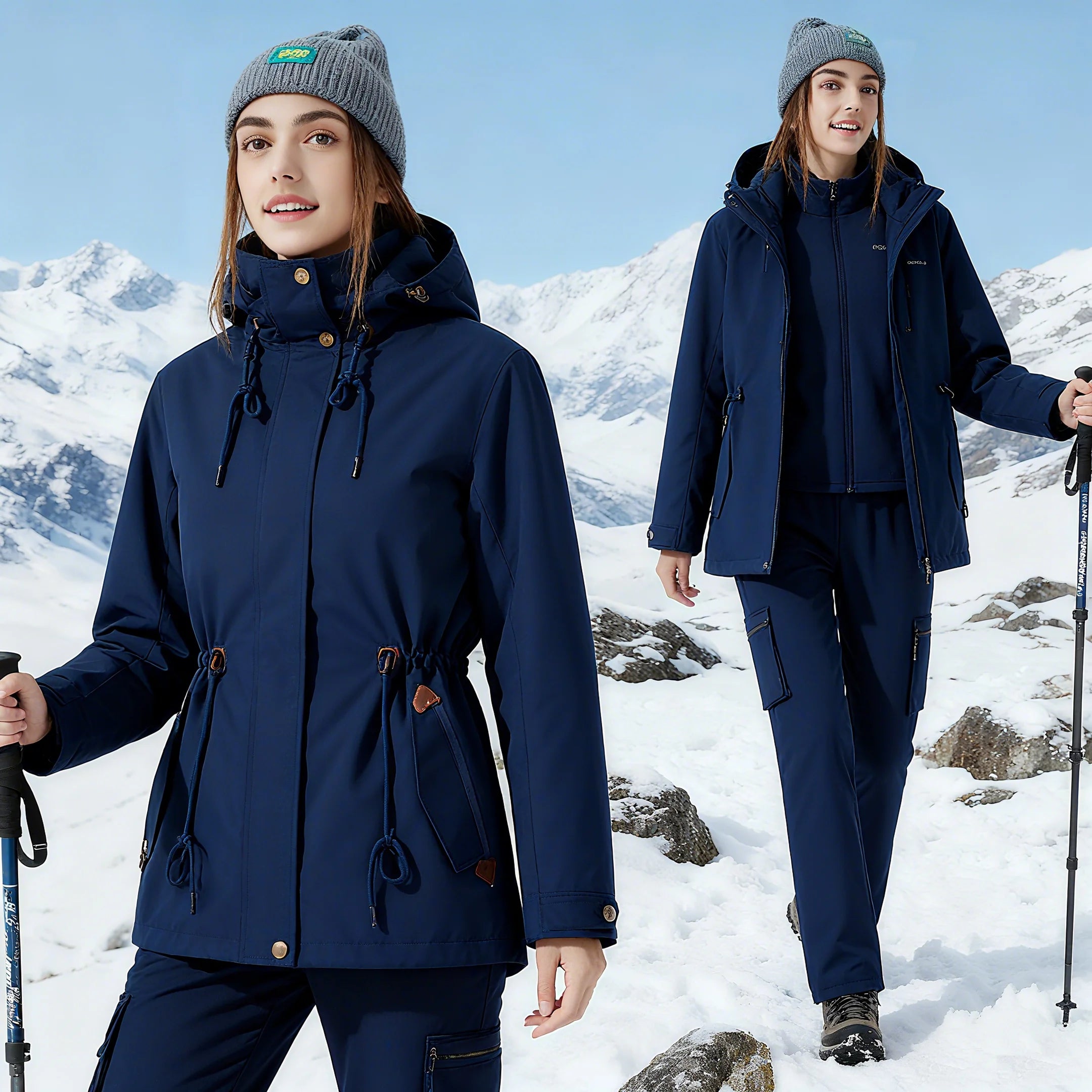 Women's Waterproof Windbreaker Jacket Mid-Length Stand Collar Rain Jacket Removable Inner Raincoat for Outdoor Fall Winter Wear