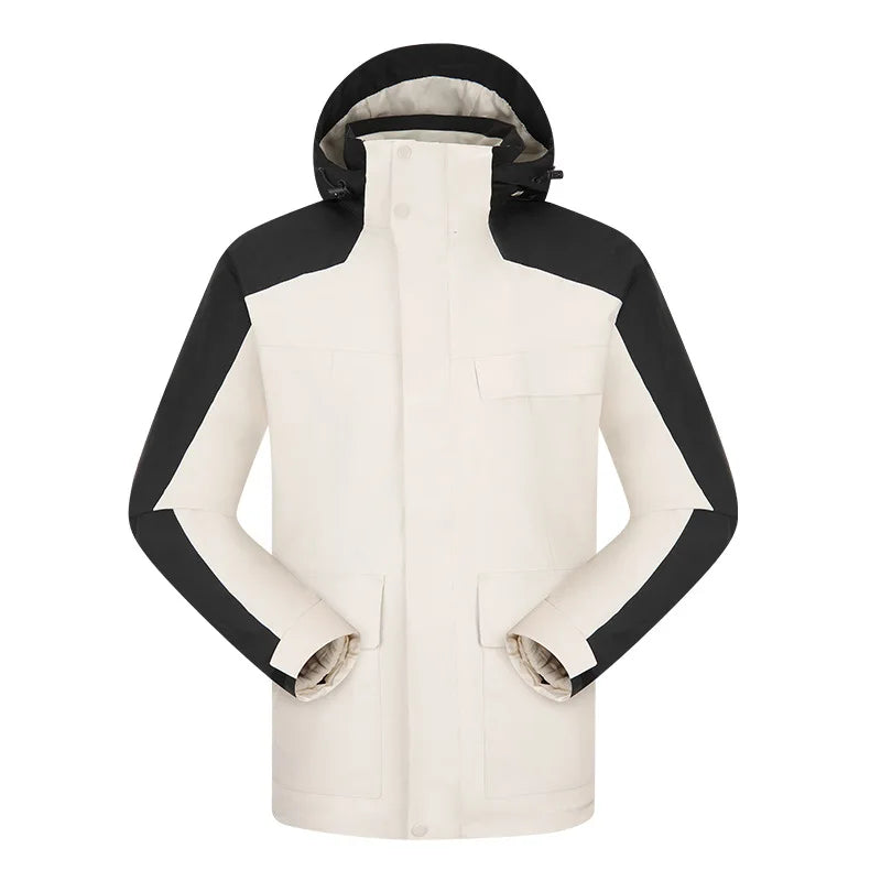 Men's Women's Three-in-One Detachable Winter Solid Outdoor Two-Piece Waterproof Windproof Thick Fleece Mountaineering Jacket Ski