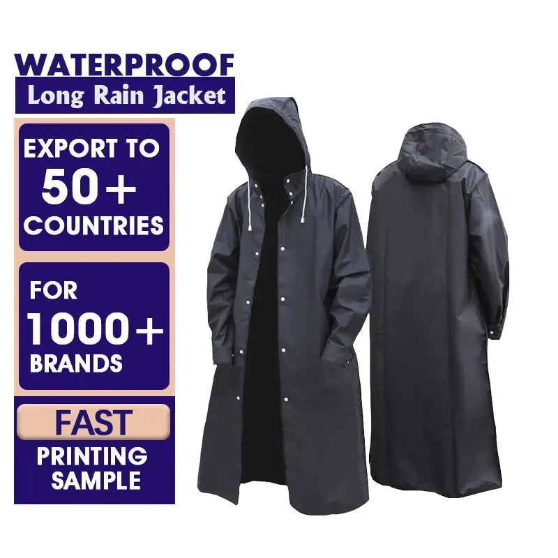 OEM New Design Black Waterproof Raincoat Fashion Women Men Long Hooded Rain Coat Jacket With Custom Logo for Fashionable Adults