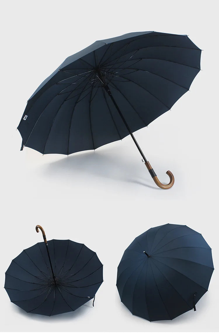 Luxury Automatic Wooden J Handle Business Umbrella With Custom Logo UV Printing Folding Feature for Rain Gifts