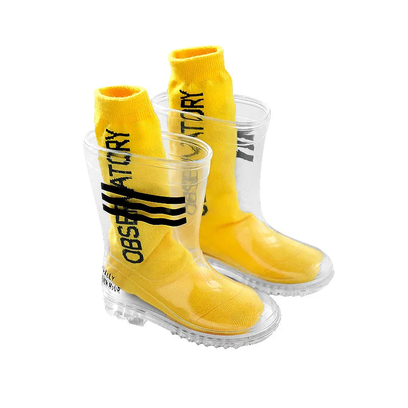 Children's Waterproof PVC Transparent Rain Boots Non-Slip Fashion Water Shoes for Primary School Boys Big Kids