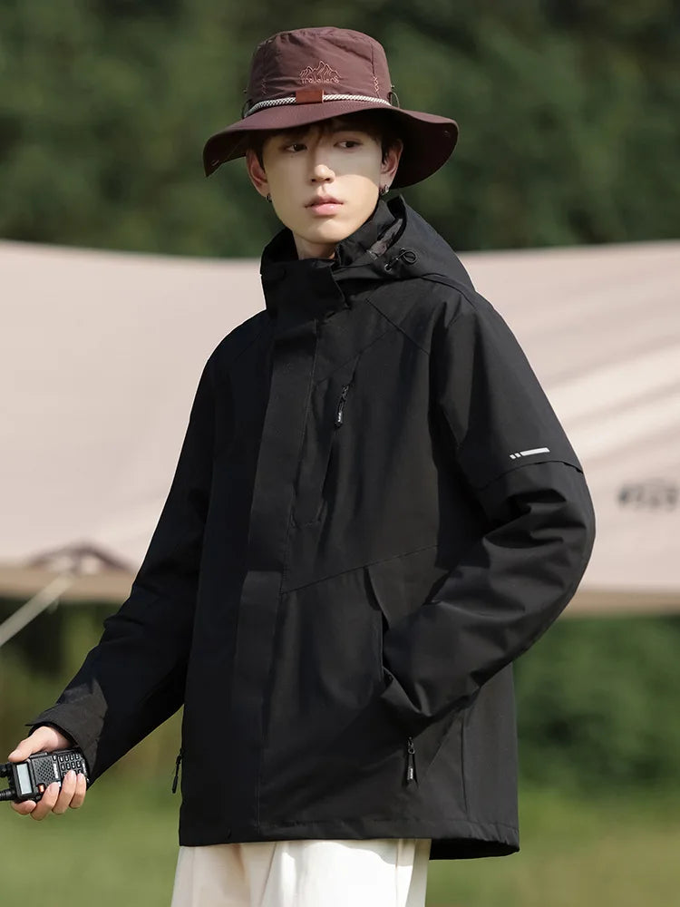 Men's Soft Shell Sports Jacket Single-Layer Windproof Waterproof Print Casual Stand Collar Zipper Closure for Spring Autumn