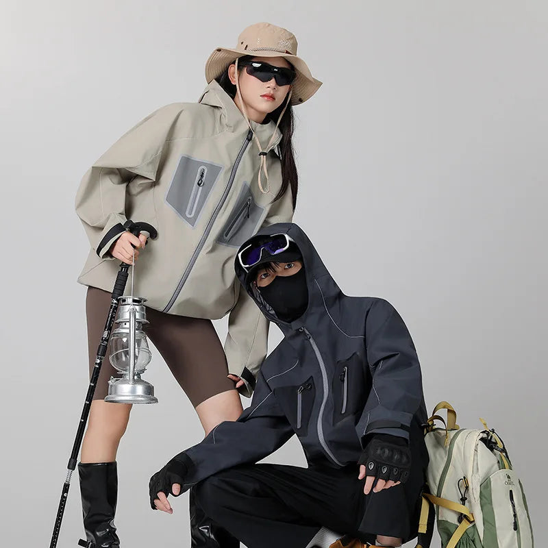 Hard Shell Casual Stand Waterproof Breathable Autumn Hooded Bomber Jacket Woven Front Logo Unisex Color Pocket